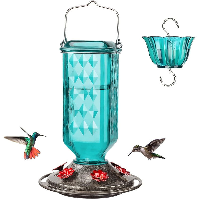 Elegant Hanging Hummingbird Feeder – Decorative Glass Nectar Bottle with Ant Moat, 6 Feeding Ports(Green)