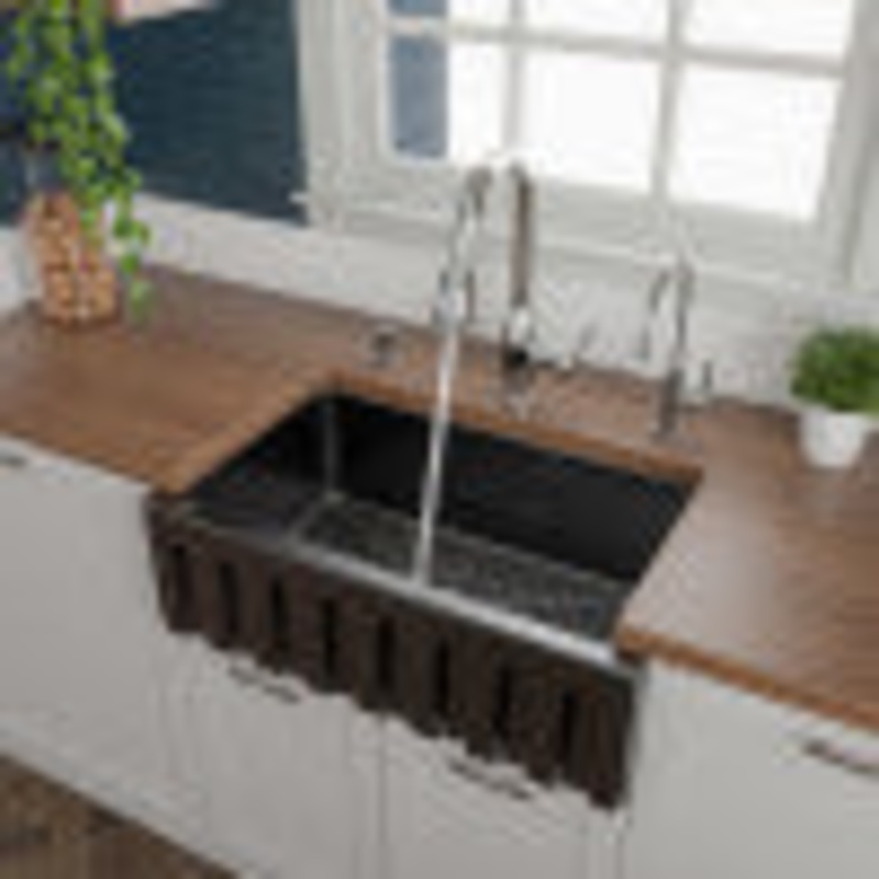 ALFI brand AB3018HS-BG 30″ Black Gloss Reversible Smooth / Fluted Single Bowl Fireclay Farm Sink