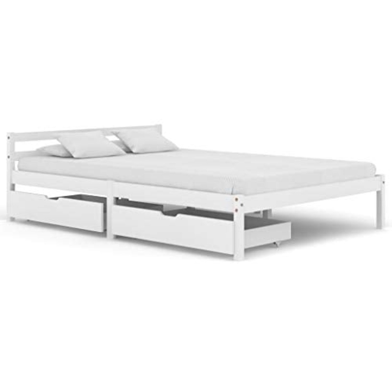 BIGTO – Struttura letto con 2 cassetti in legno di pino massello, mobili per camera da letto, 140 x 200 x 60 cm, colore: Bianco