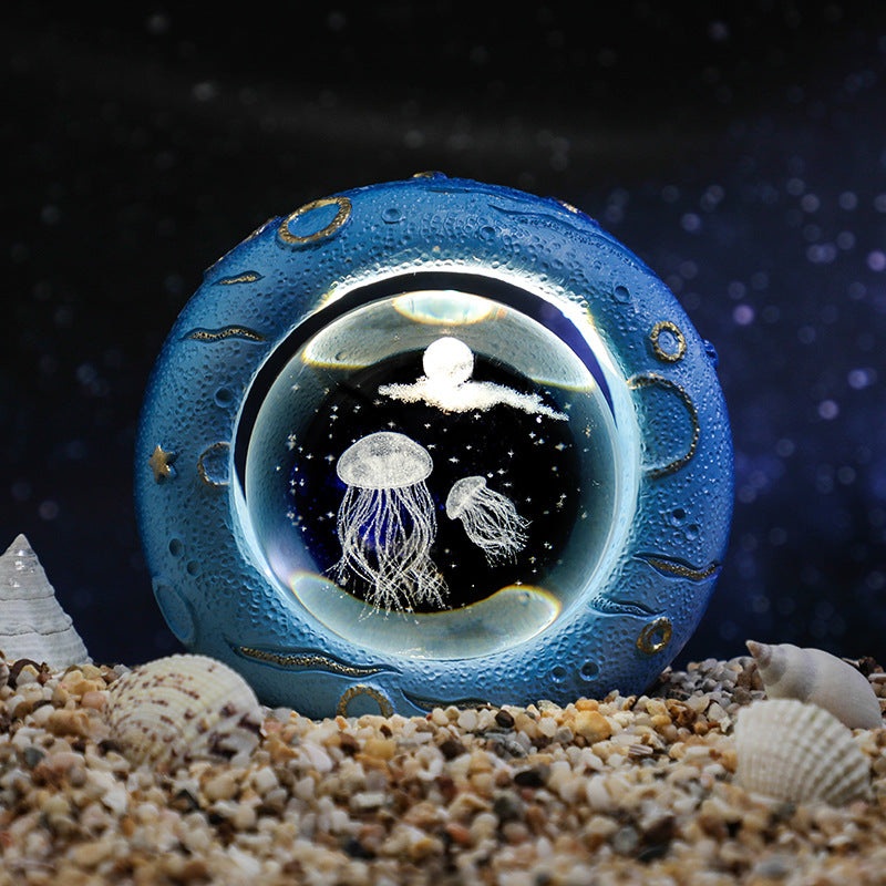 Celestial Ring LED Crystal Ball Lamp – 3D Engraving, Unique Gift (Jellyfish)