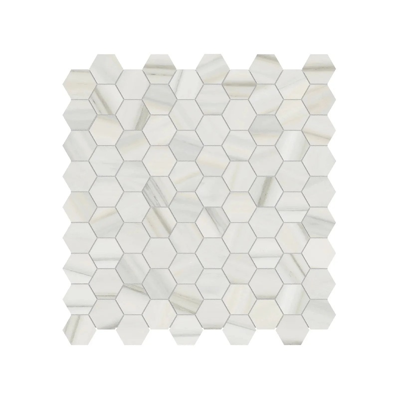 1.25 Inch Mayfair Zebrino Polished Porcelain Hexagon Mosaics. 1 Sheet = .97 Sq. Ft. 1.25″