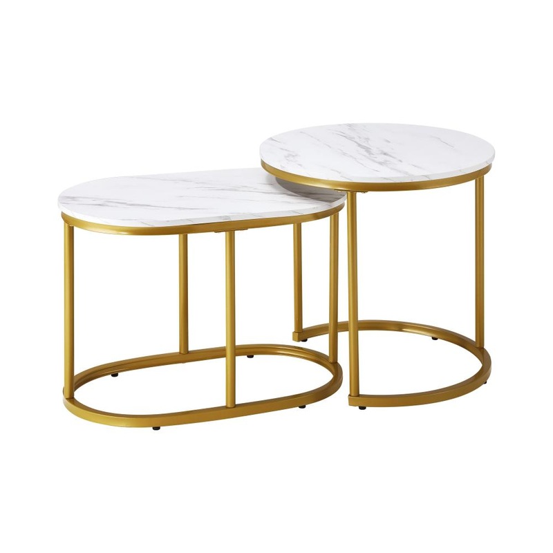 Set of 2 Coffee Table Round Oval Marble Nesting Gold