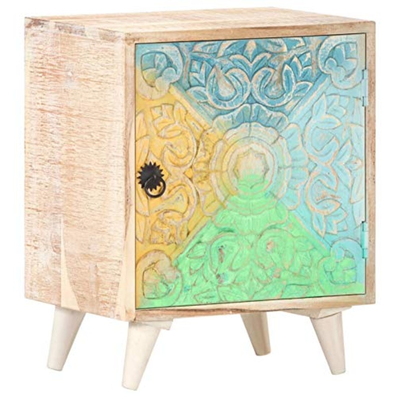 Tidyard Comodino Intagliato in Legno Massello di Acacia con Anta,Comodino Camera da Letto con Anta,Comodino Cameretta con Anta,Comodino Porta Lampada e Telefono 40x30x50 cm