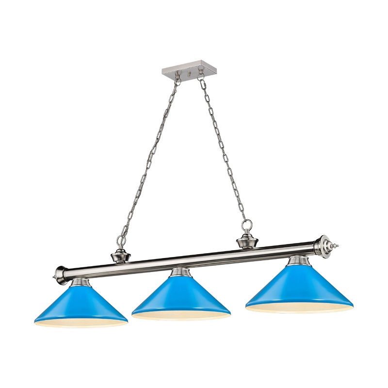 Cordon 3-Light Billiard Brushed Nickel Cone Electric Blue Steel