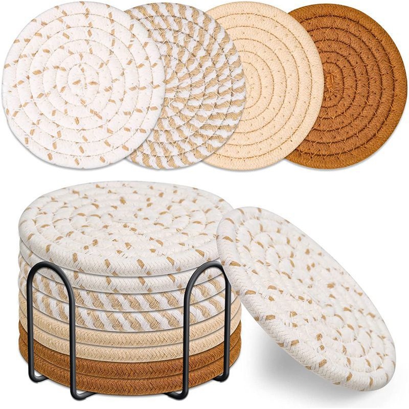 Beige and Khaki Absorbent Woven Cotton Coasters – Set of 8 with Metal Holder – Heat Resistant Drink Mats for Table Protection