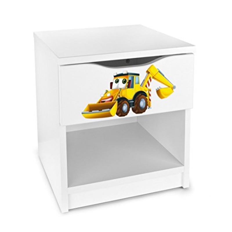 Leomark Comodino Moderno in Legno con cassetto e scompartimento apertoin, Comodino per Bambini, Colore Bianco con Motivo Escavatore, Dimensioni: 40cm x 38cm x 42cm (LxWxH)