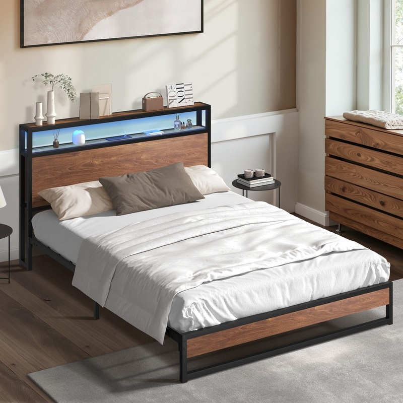 Oikiture Metal Bed Frame King Size LED Storage Headboard USB Charge