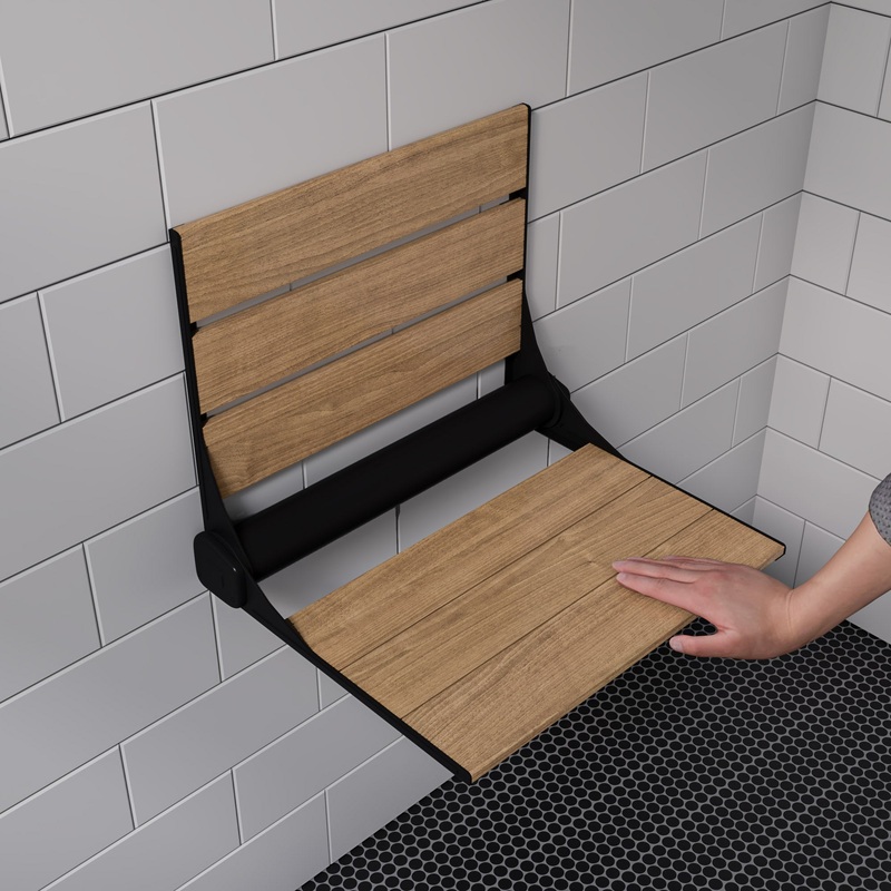 Black Matte 17″ Wide Foldable Teak Shower Seat with Backrest
