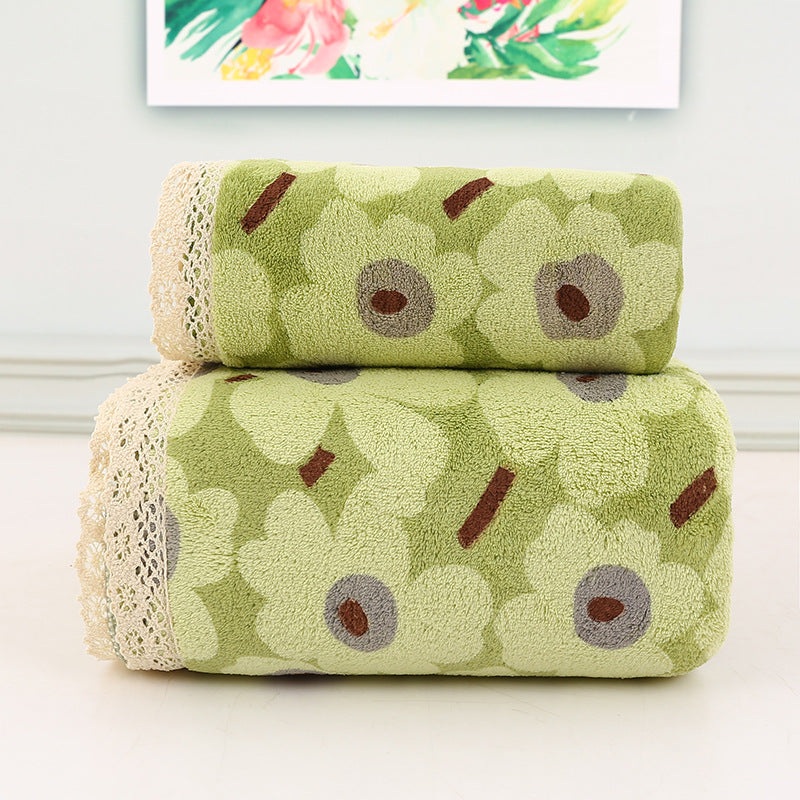 Green Vintage Floral Lace Trim Towel Set – Ultra Soft Absorbent Coral Fleece Bath & Face Towel