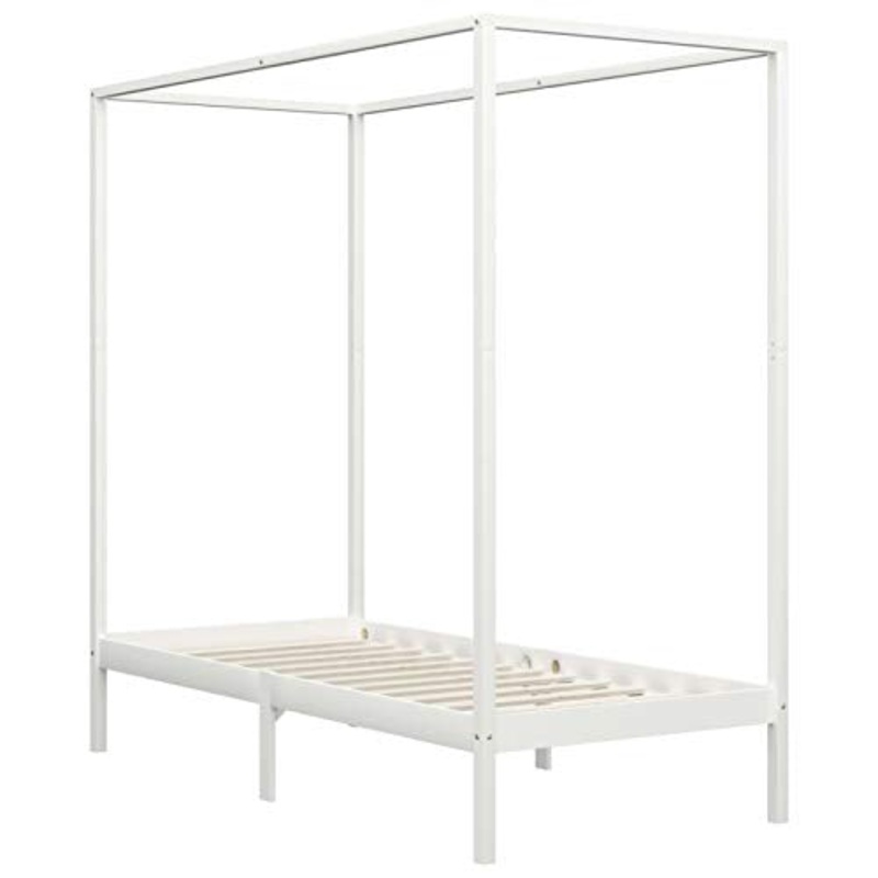 Lasamot Struttura Letto in Legno di Pino con 2 cassetti, Struttura a baldacchino per zanzariera, Staffa per Montante, Adatta per Materasso 100×200 cm (Materasso Non Incluso), Bianca