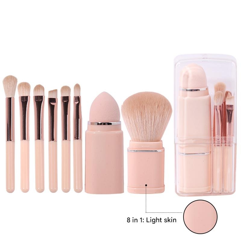 Lighgt Pink Compact 8-in-1 Makeup Brush Set – Portable Travel Kit with Retractable Brushes and Case