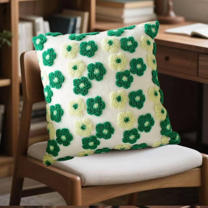 Green and Yellow Charming 3D Floral Plush Cushion Covers – Set of 4, 45x45cm Soft Faux Lambswool Pillowcases for Sofa & Bed Decor