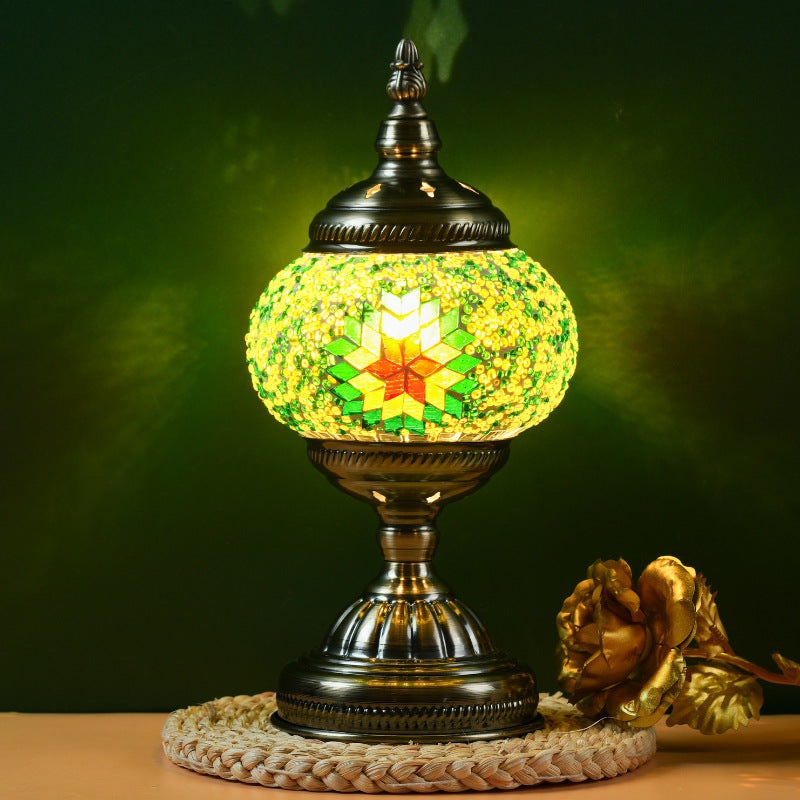 Green Exotic Mosaic Table Lamp – Handmade Turkish/Moroccan Style, 3-Color LED (Style 4)