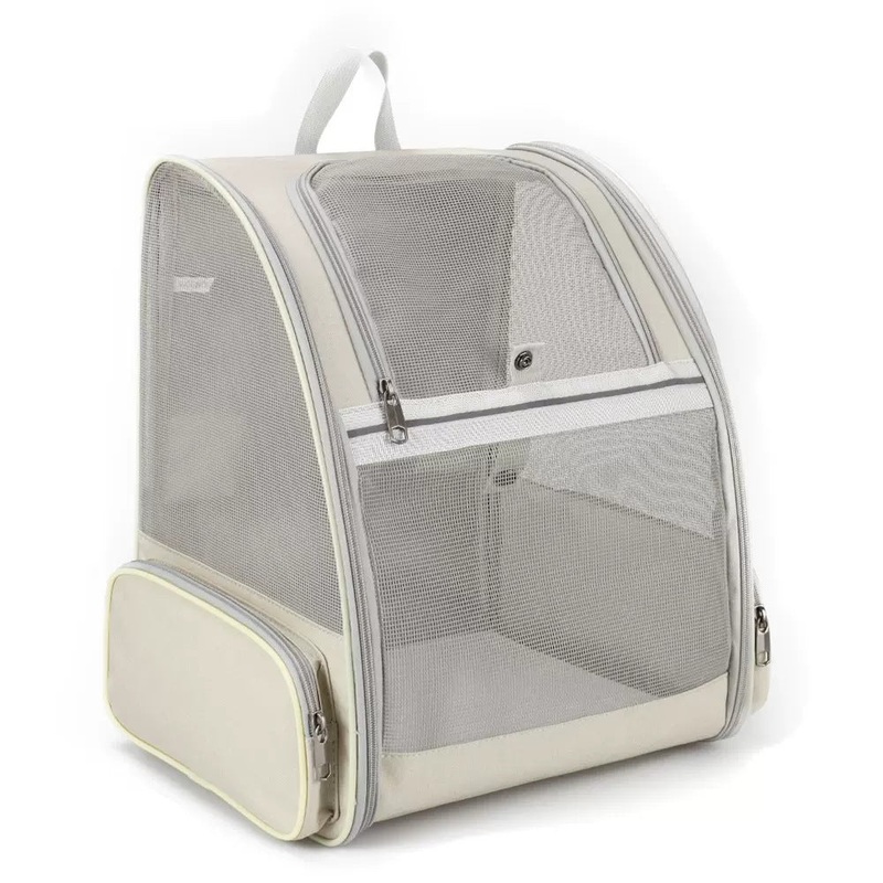 Beige Foldable Pet Carrier Backpack – Breathable Mesh Travel Bag for Cats & Small Dogs