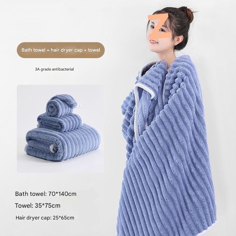 Blue Plush Ribbed Coral Fleece 3-Piece Towel Set – Ultra Soft & Absorbent Bath, Hand Towel and Hair Wrap