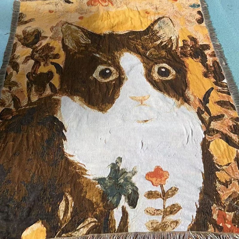 Cat Artistic Jacquard Throw Blanket – American Style Illustrated Sofa Cover & Tapestry – 130 x 160cm