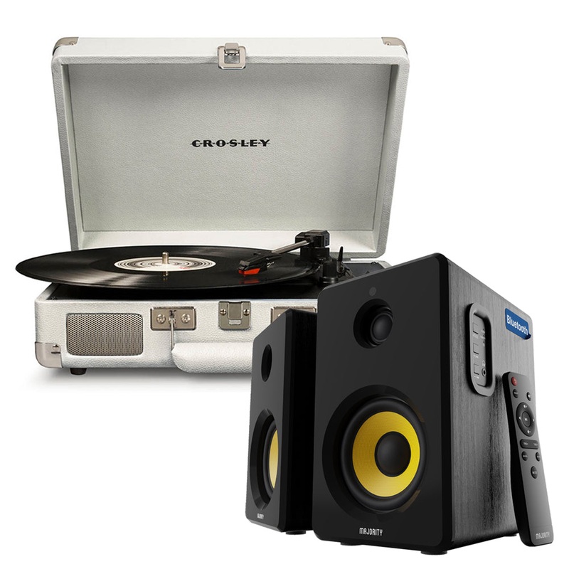 Crosley Cruiser Bluetooth Portable Turntable – White Sands + Bundled Majority D40X Bluetooth Speakers