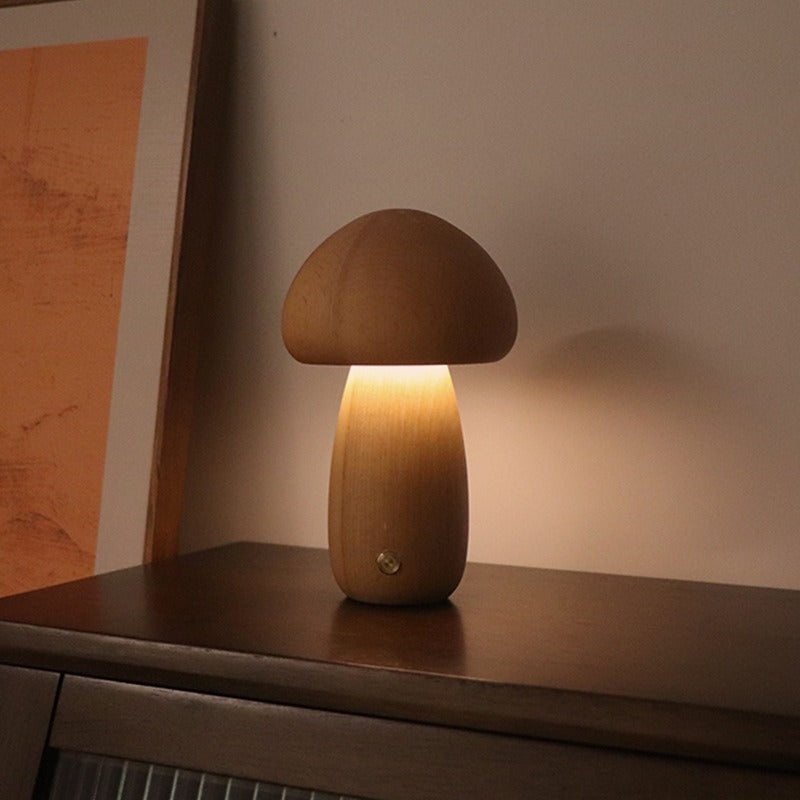 Dun-dun Model Brown Solid Wood Mushroom LED Table Lamp – Rechargeable Touch Control Bedside Night Light (Large)