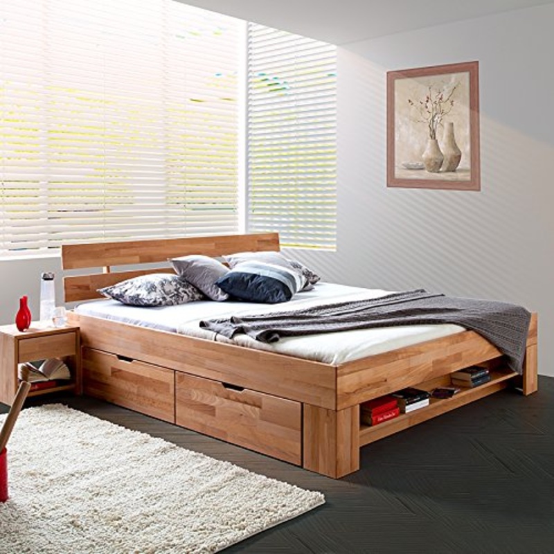 Elfo Bett Futonbett Kernbuche-massiv gelt 180 x 200 cm inkl. 4 Bettkasten auf Rollen und Futeilregal Sofie
