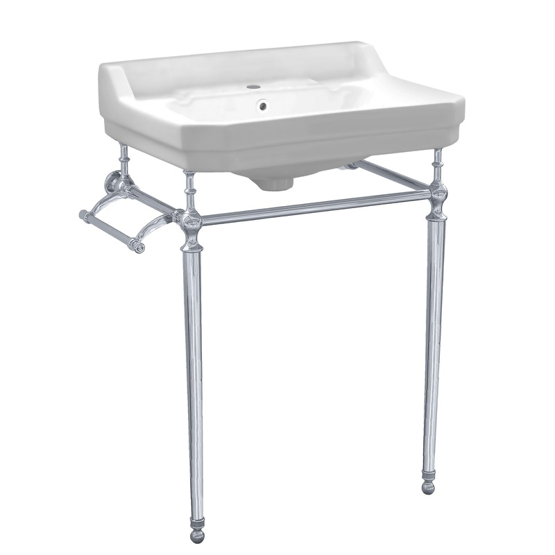 Victoriahaus rectangular basin china console with single hole faucet drill,  polished chrome leg supports with towel bar, backsplash, and overflow