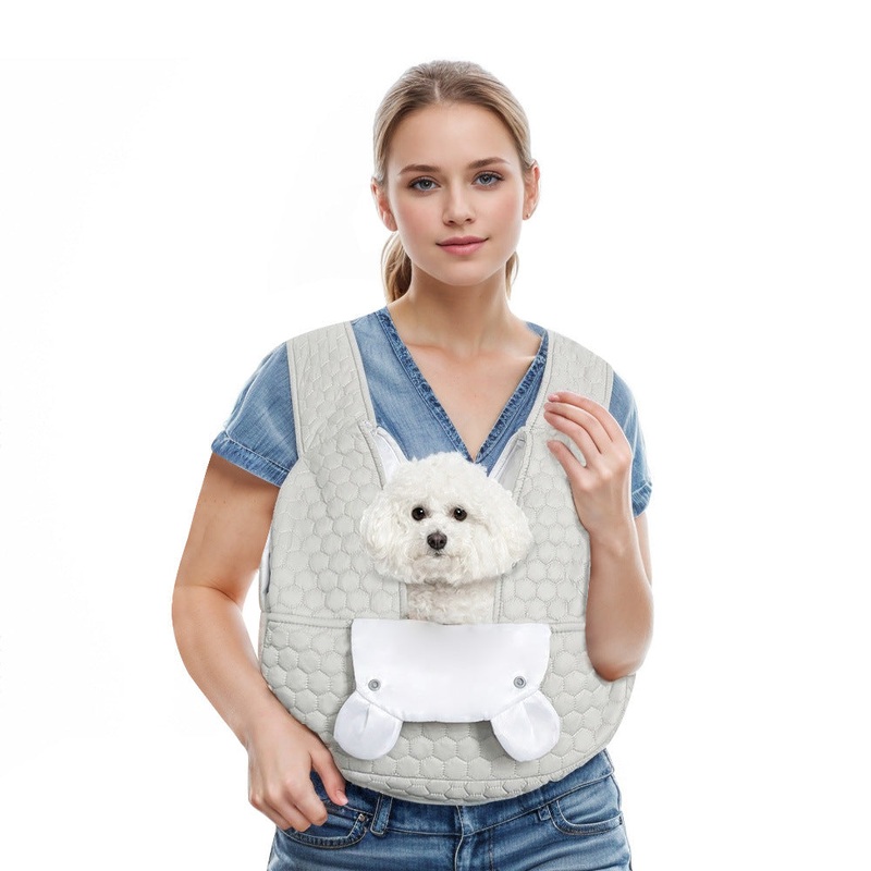 Grey Hands-Free Quilted Pet Carrier Sling – Soft & Comfortable Front Pack for Small Dogs and Cats