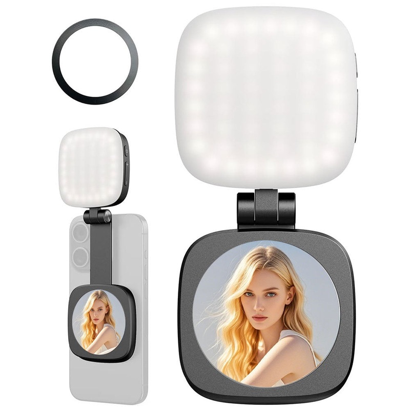 Black Magnetic Foldable Selfie Light with Mirror – Rechargeable LED Fill Light for iPhone & Android Vlogging(Mobile phone is a shooting prop and is not included)
