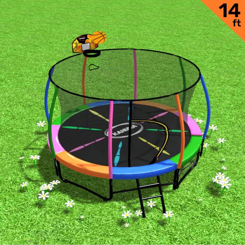 Kahuna 14ft Outdoor Trampoline Kids Children With Safety Enclosure Pad Mat Ladder Basketball Hoop Set – Rainbow