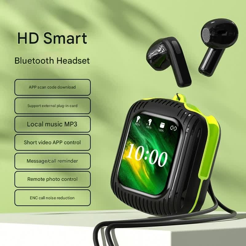 Smart Touch Wireless Headset with MP3 Player & Display – Caller ID, App Control, ENC Noise Reduction(Black green)
