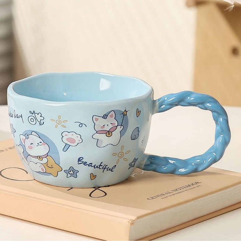 Whimsical Cat & Friends Ceramic Mug – 320ml with Unique Twisted Handle (Blue)