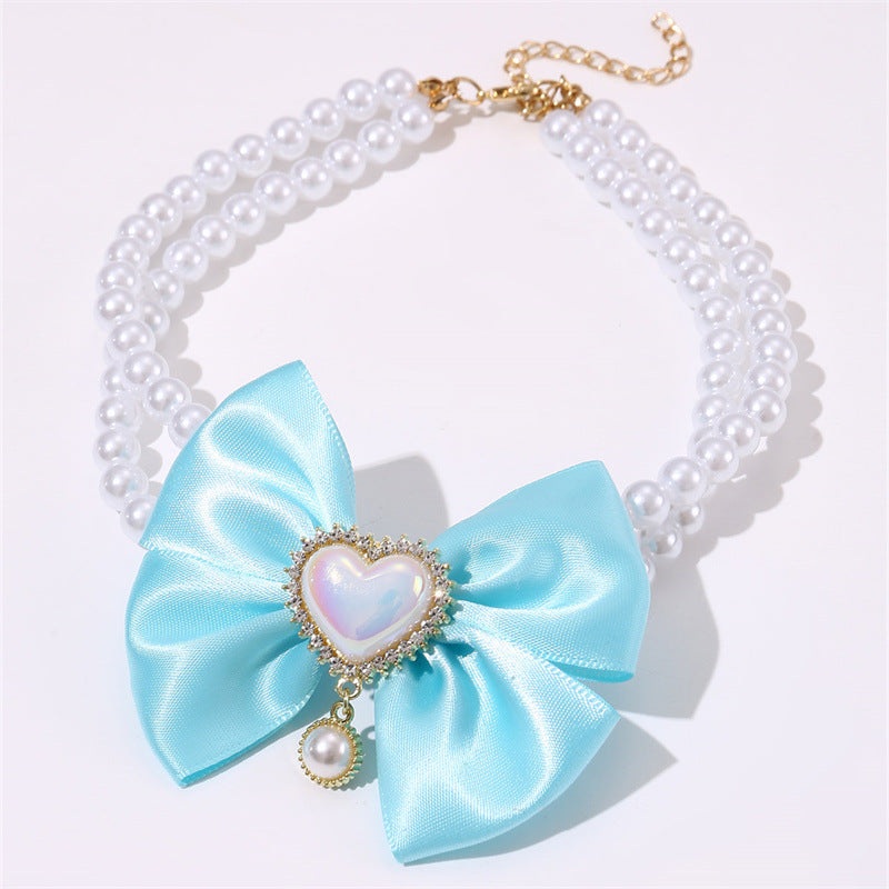 2 – PCS Cute Pet Pearl Necklace Collar with Blue Bow and Heart Charm – Size L