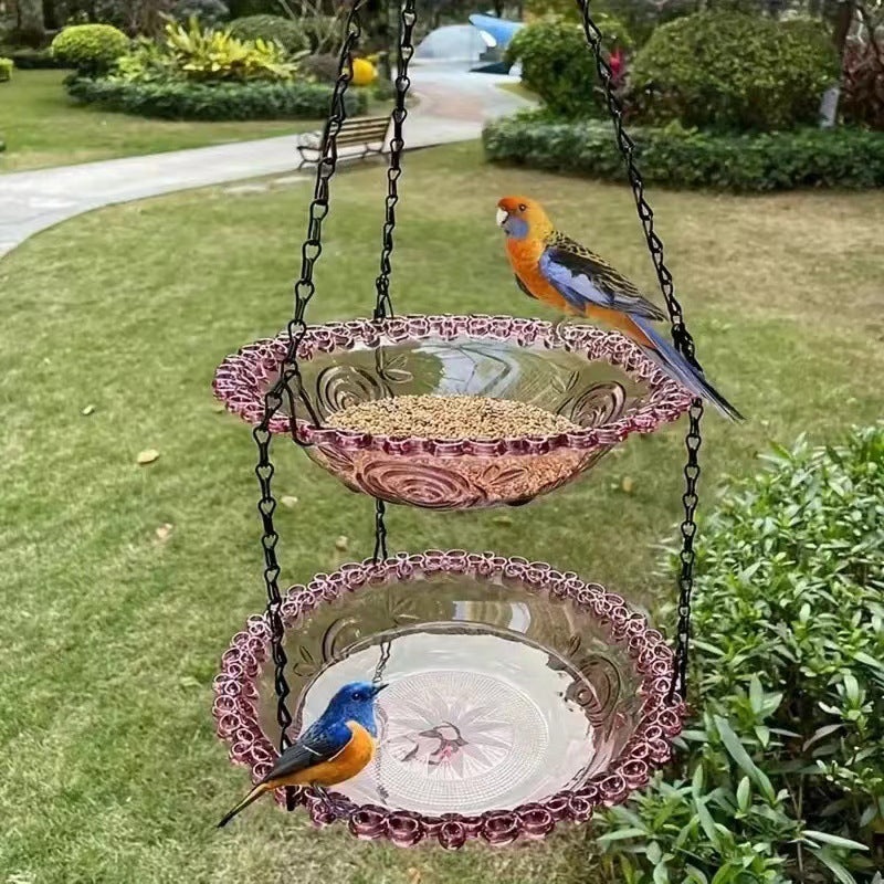 2 Set Purle Elegant Hanging Glass Bird Feeder – Double Tier for Garden Birds