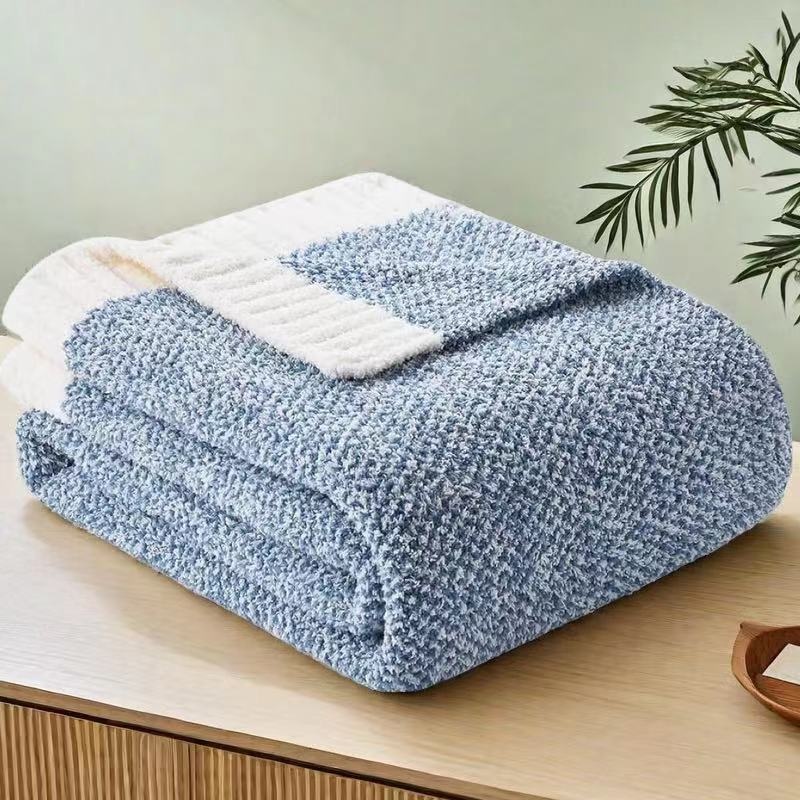 Blue and White Plush Chenille-Knit Throw Blanket – Soft Cozy Polyester for Bed & Sofa | Textured Two-Tone Design (127x153cm)