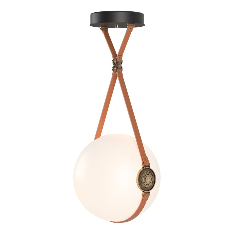 Derby Large LED Pendant Black Antique Brass with Chestnut Leather Hubbardton Forge Branded Plate