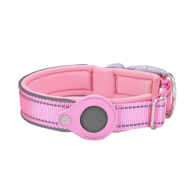 L Pink Secure Nylon Dog Collar with Built-in Apple AirTag (not included) Holder Case – Pet Tracker Accessory
