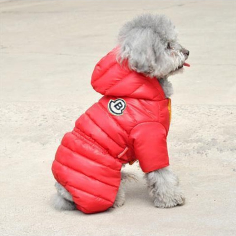 Red Warm Puffer Dog Coat – Waterproof Four-Legged Winter Jumpsuit for Small Dogs