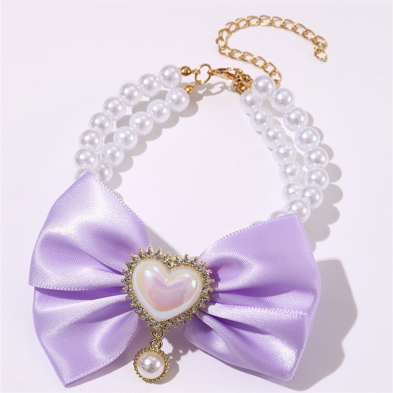 2 – PCS Cute Pet Pearl Necklace Collar with Purple Bow and Heart Charm – Size M