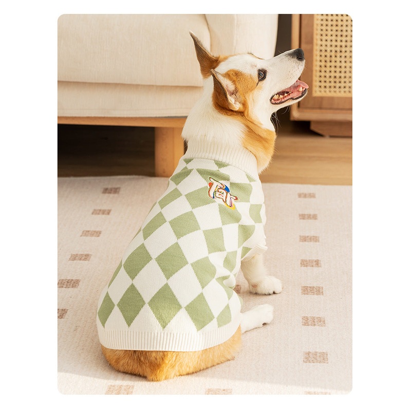 Classic Argyle Dog Sweater – Green & White Knit for Corgis & Medium Breeds (Size : S)