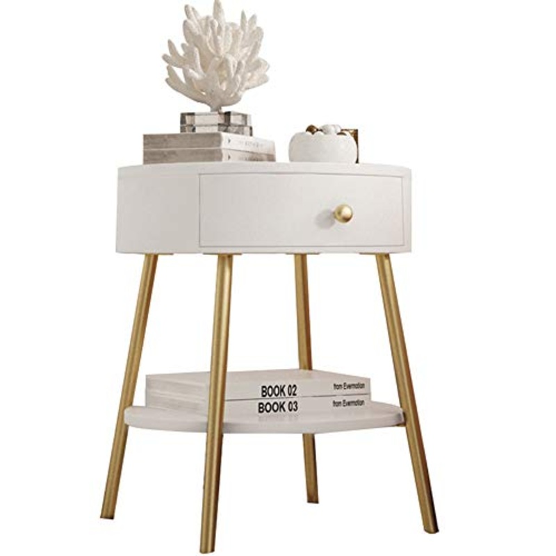 Comodino HAIZHEN Nordic Bianco/Oro cassetto e ripiano, Struttura in MDF/Acciaio