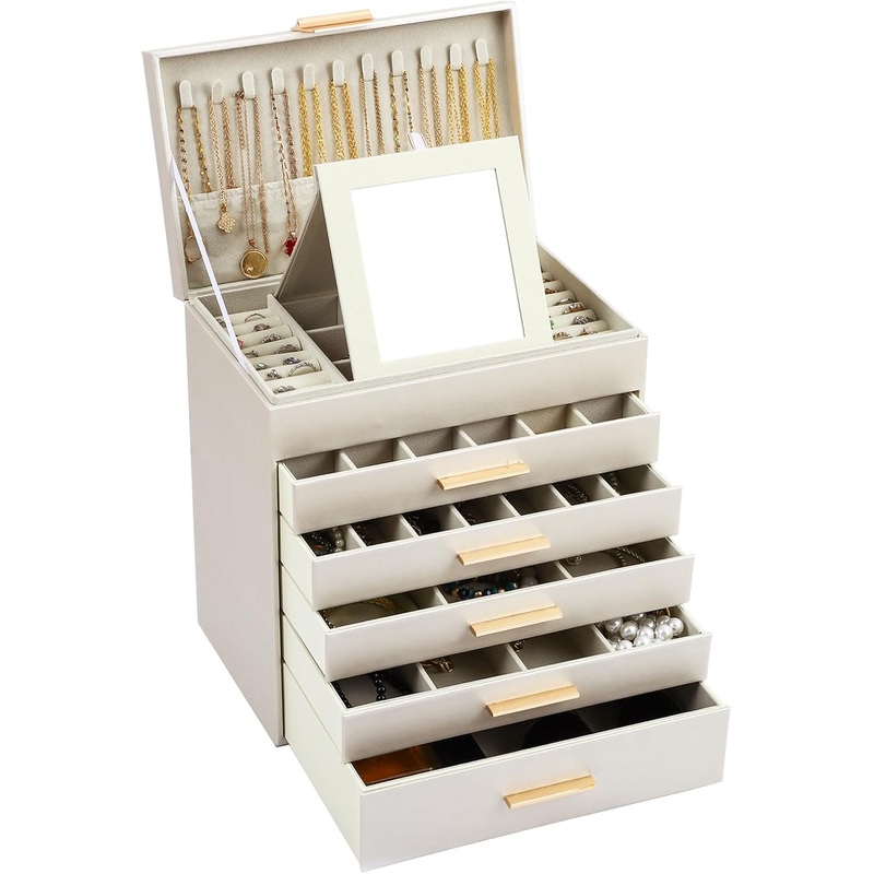 CARLA HOME  6-Layer Large Jewelry Organizer Box for Women with Mirror, Drawers, Hooks & Dividers for Rings, Necklaces, Bracelets, Ideal Gift for Women (White)