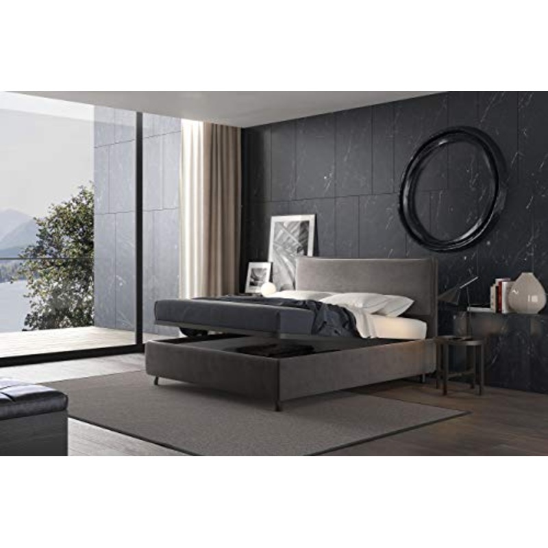 Talamo Italia Letto contenitore piazza e mezza Puccini, Made in Italy, Struttura in tessuto imbottito effetto velluto, Adatto a materasso 120×190 cm, Grigio