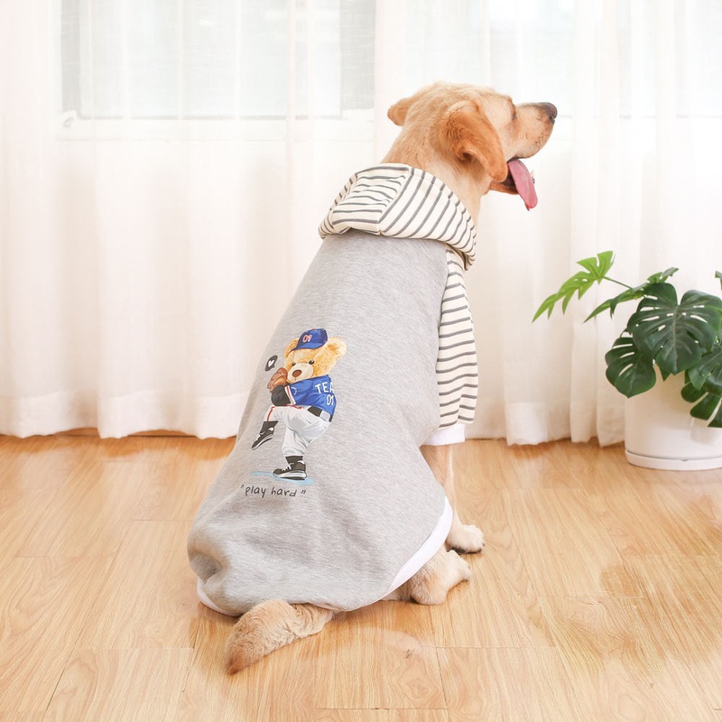 Autumn/Winter Dog Clothes – Grey Hoodie with Striped Hood & Baseball Bear (Size – L)