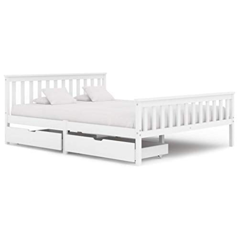 BIGTO – Struttura letto con 2 cassetti in legno di pino massello, mobili per camera da letto, 160 x 200 x 82 cm, colore: Bianco