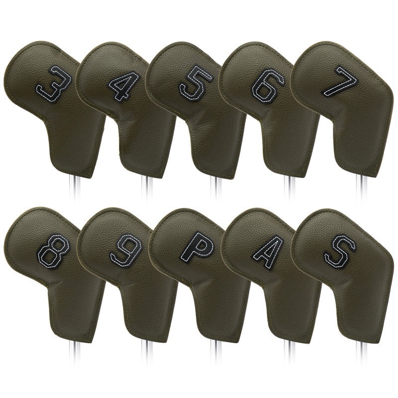 Gray Green Golf Iron Head Covers Set of 10 – Waterproof PU Leather Club Protectors with Embroidered Numbers (3-9, P, A, S)