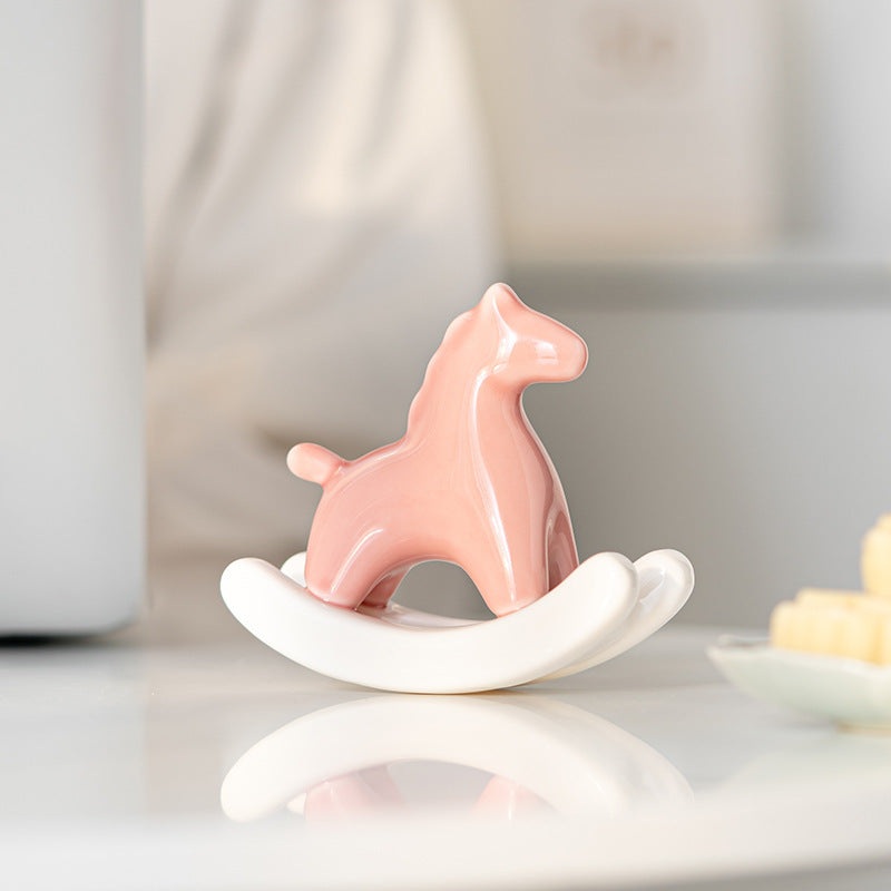 Pink Modern Ceramic Rocking Horse Ornament – Cute Porcelain Figurine for Desk & Shelf Decor