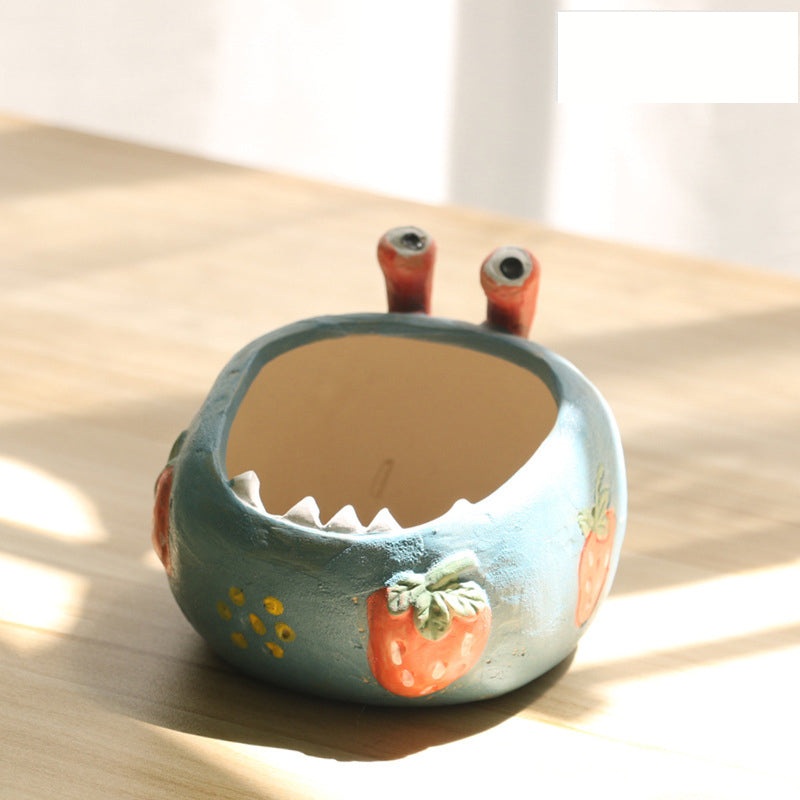 2 Pcs Blue Whimsical Monster Ceramic Succulent Planter – Hand-Painted Character Pot with Drainage
