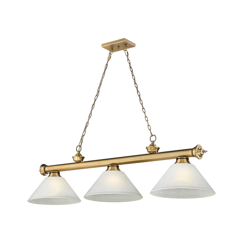 Cordon 3-Light Billiard Rubbed Brass Cone White Linen Glass