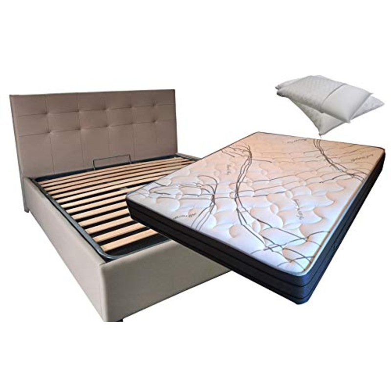 SARDAMATERASSI Letto Matrimoniale con Box Contenitore similpelle Beige + Materasso Memory 24cm +coppia guanciali memory foam