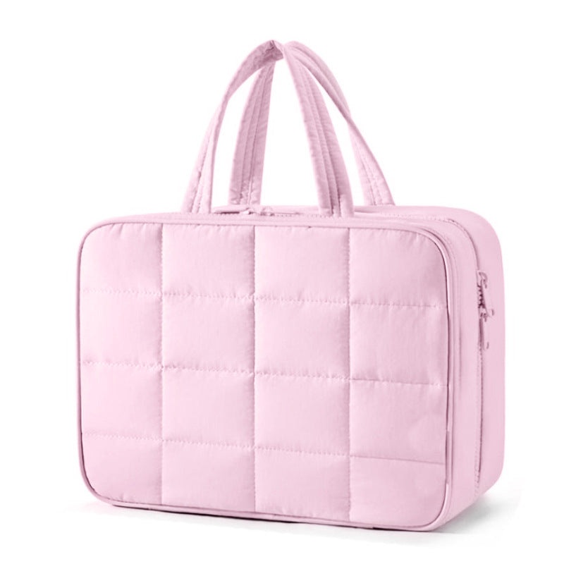 Size M Pink Quilted Hanging Toiletry Bag with Jewelry Organizer – Travel Cosmetic Case(28*12*20)