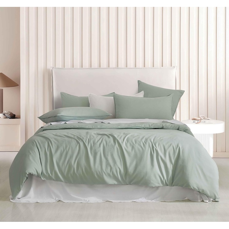 Vintage Washed Microfibre Quilt Cover Set (Sage, King)