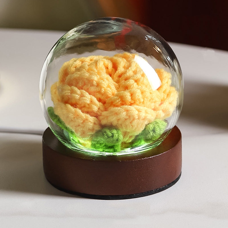 Yellow Rose Handcrafted Crochet Flower LED Night Light – USB Rechargeable Glass Dome Lamp with Wood Base, 3 Color Modes
